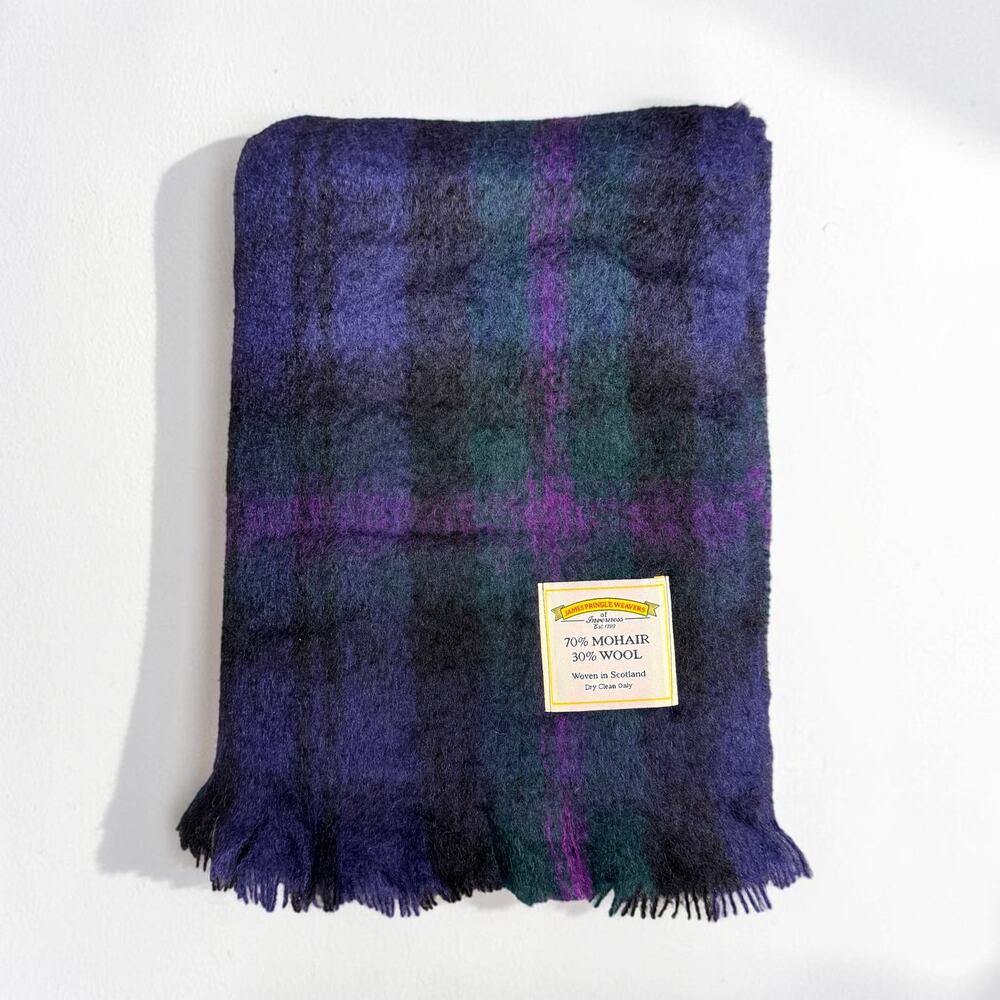 Vtg James Pringle Plaid Mohair Wool Throw Blanket Fringe Green Purple 50"x66"